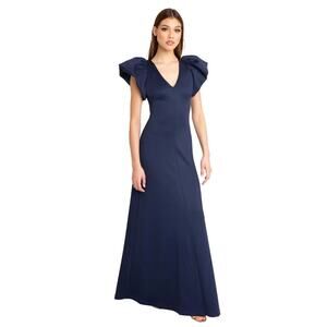 Black Halo Gown Navy Blue Puff Sleeve A-Line V-Neck Cocktail Maxi Dress Size 4